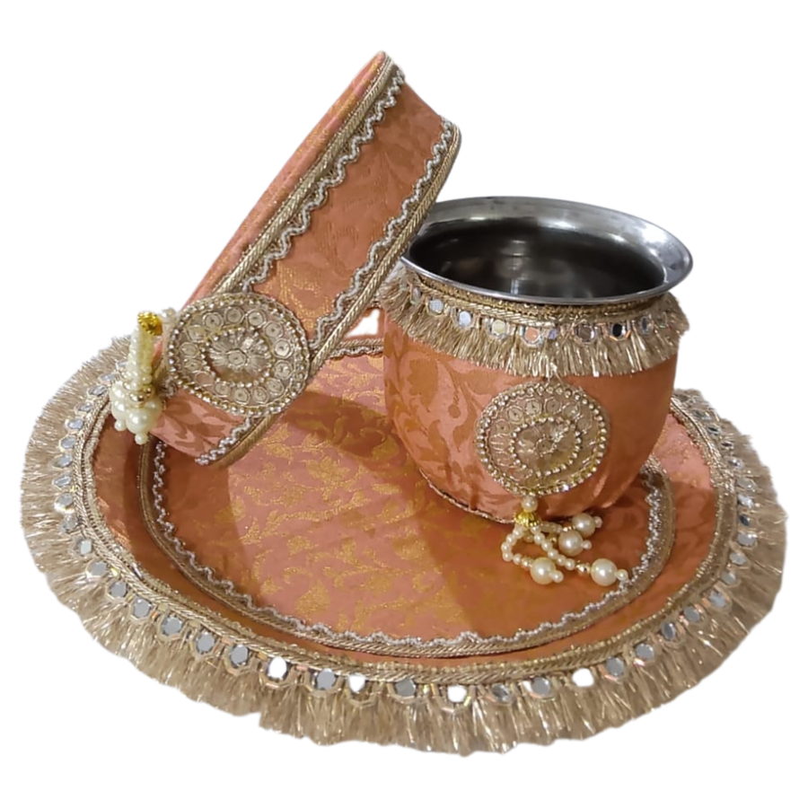 Thali Set — Peach Brocade — 3 Piece