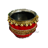 Decorated karwa for Red Gold Pearl Karwa Chauth pooja set