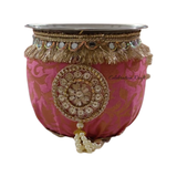 Decorated karwa for Pink brocade Karwa Chauth pooja set