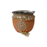 Decorated karwa for Peach brocade Karwa Chauth pooja set