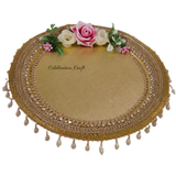 Golden handcrafted Karwa Chauth thaal with festive detailing
