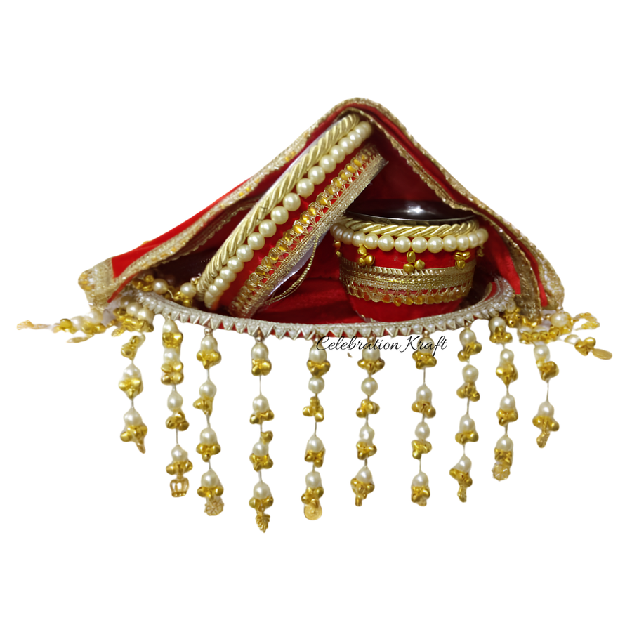 Sindoori Karwa Chauth thali set with thaal, karwa, channi and thaal cover