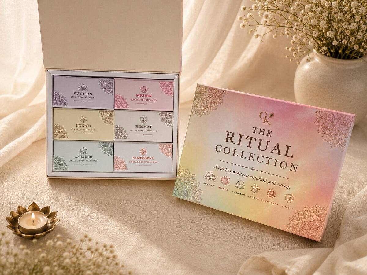 The Ritual Collection crystal rakhi gift box open with 6 rakhis and cover