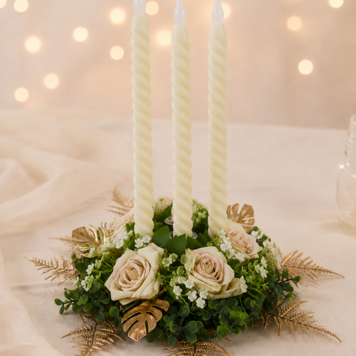Table center pieces ,Floral arrangement with candles on a soft background