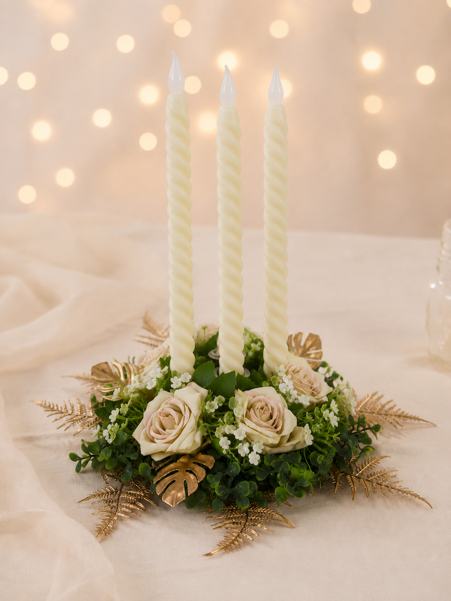 Table center pieces ,Floral arrangement with candles on a soft background