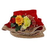 Decorated thaal cover for Red Pankhi Karwa Chauth pooja set