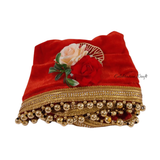 Decorated thaal cover for Red Gold Pearl Karwa Chauth pooja set