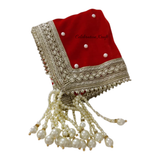 Decorated thaal cover for Red Cream Pearl Karwa Chauth pooja set