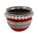 Decorated karwa for Silver Pearl Karwa Chauth pooja set