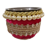 Decorated karwa for Red Cream Pearl Karwa Chauth pooja set