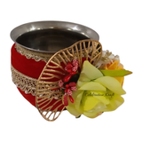 Decorated karwa for Red Pankhi Karwa Chauth pooja set