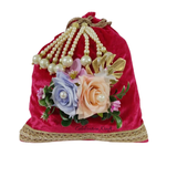 Matching potli bag with Organza Velvet Karwa Chauth thali set