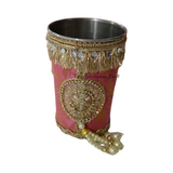 Decorated glass for Pink brocade Karwa Chauth thali set
