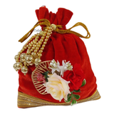 Matching potli bag with Red Gold Pearl Karwa Chauth thali set