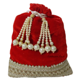 Matching potli bag with Red Cream Pearl Karwa Chauth thali set