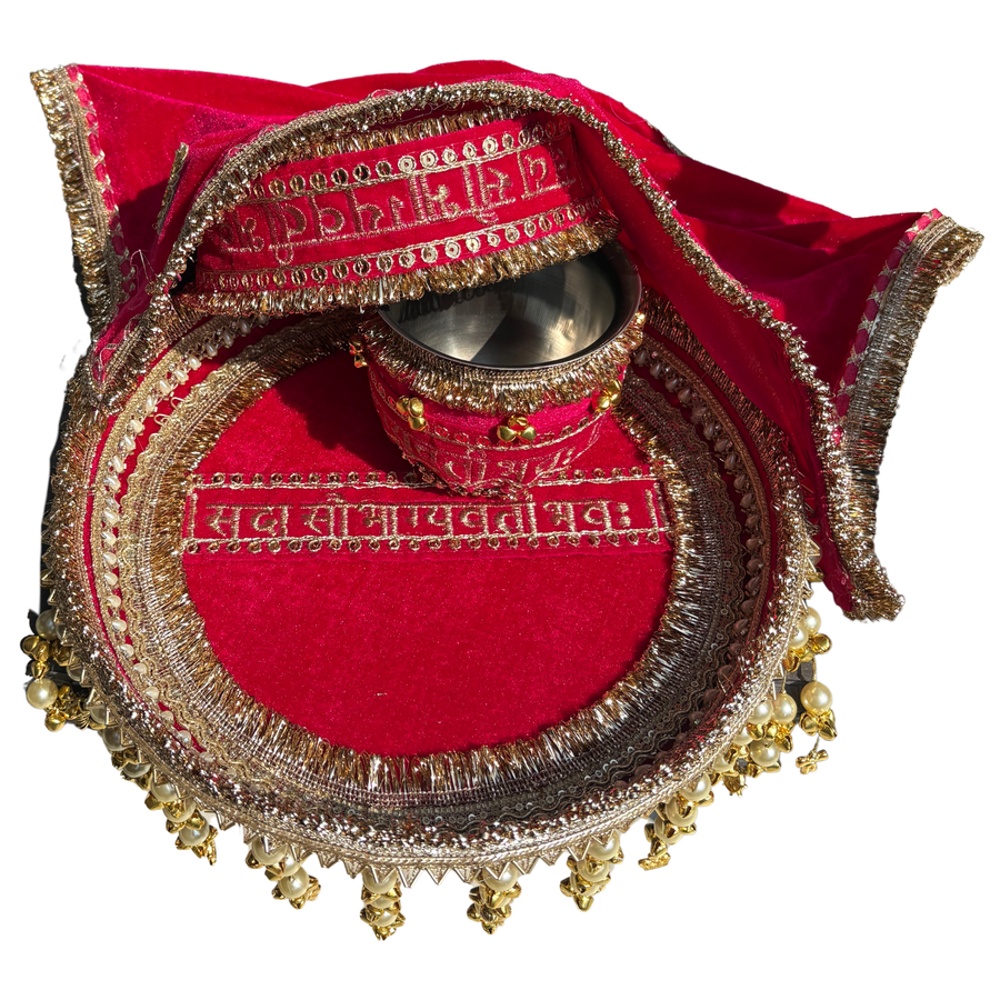 Suhaag Karwa Chauth thali set with decorated thaal, karwa and channi