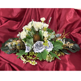 Blue Breeze artificial floral centrepiece with 3 glass candle holders · Celebration Kraft