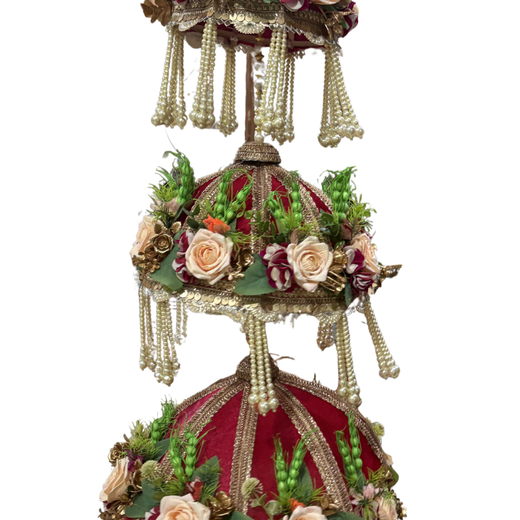 3-tier velvet mandir chattar with pearl tassels and silk roses — full set