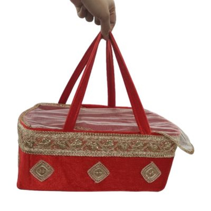 Royal Red carry basket — crimson velvet with gold zardozi embroidery