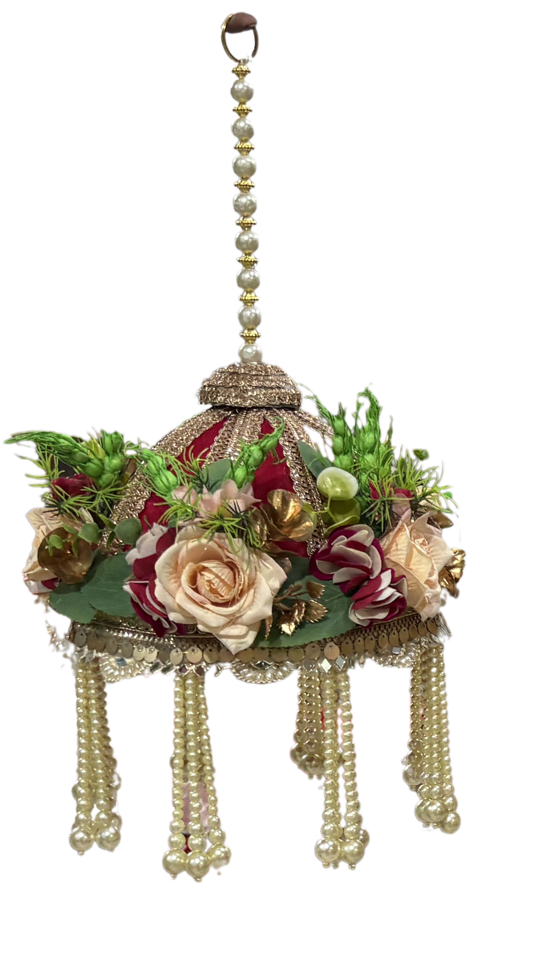 Floral Pearl Chattar — handcrafted velvet chattar with roses and pearl chains for Laddu Gopal