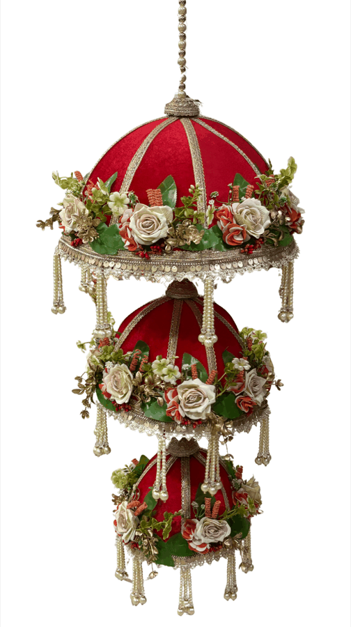 Floral Pearl Chattar 11 inch — velvet chattar with roses and pearl chains for Laddu Gopal